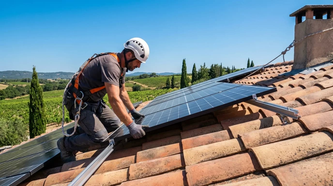 Technicien installant des panneaux solaires sur un toit à Lunel