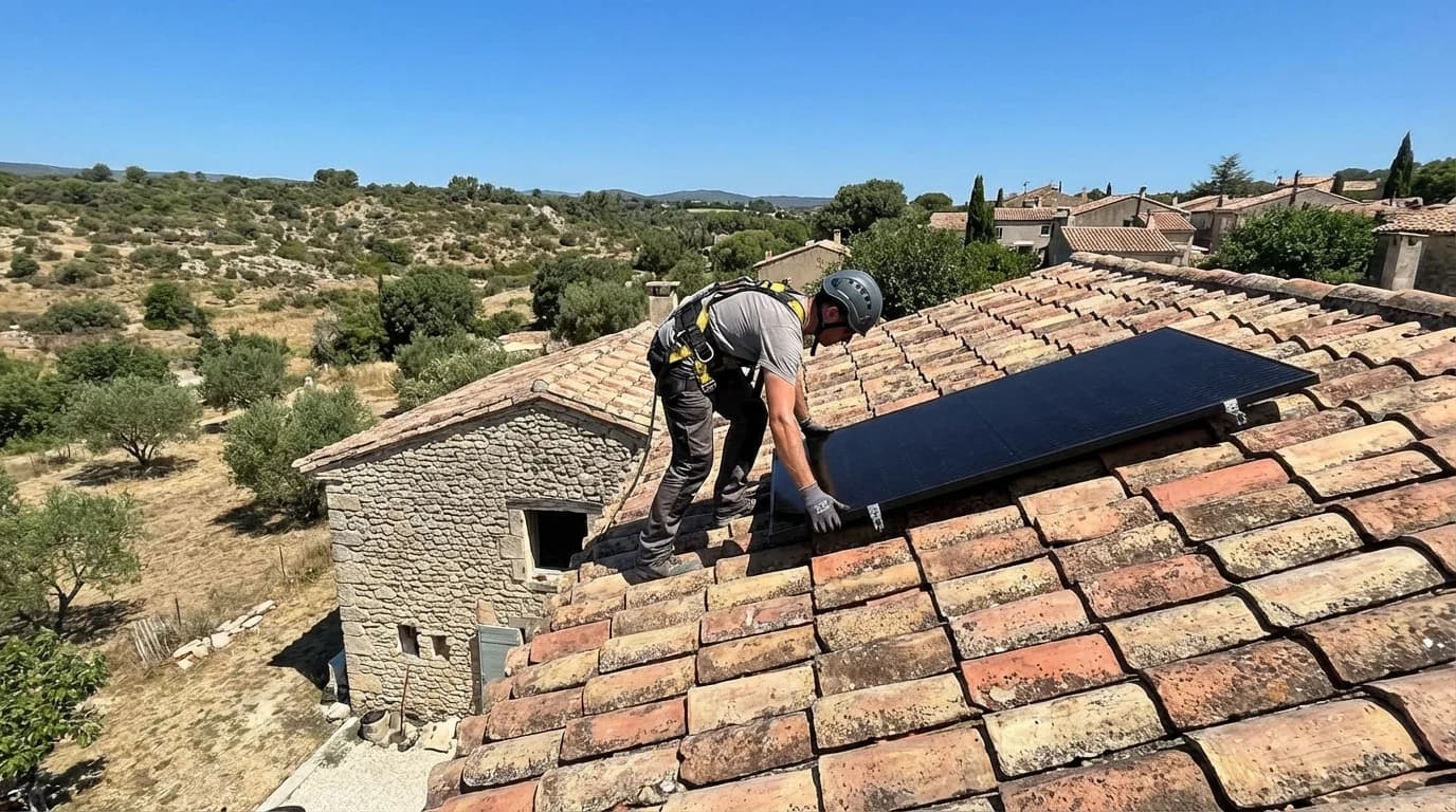 Technicien installant des panneaux solaires sur un toit à Marignane