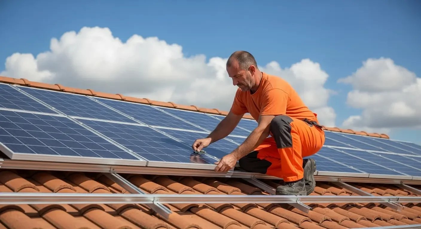 Technicien installant des panneaux solaires sur un toit à Martigues
