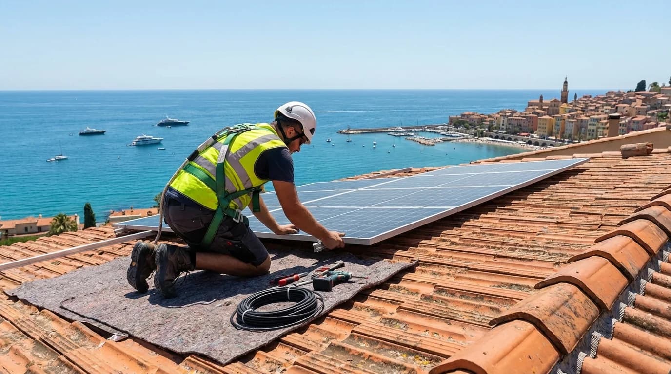 Technicien installant des panneaux solaires sur un toit à Menton