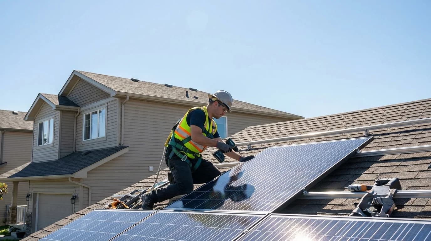 Technicien installant des panneaux solaires sur un toit à Mérignac