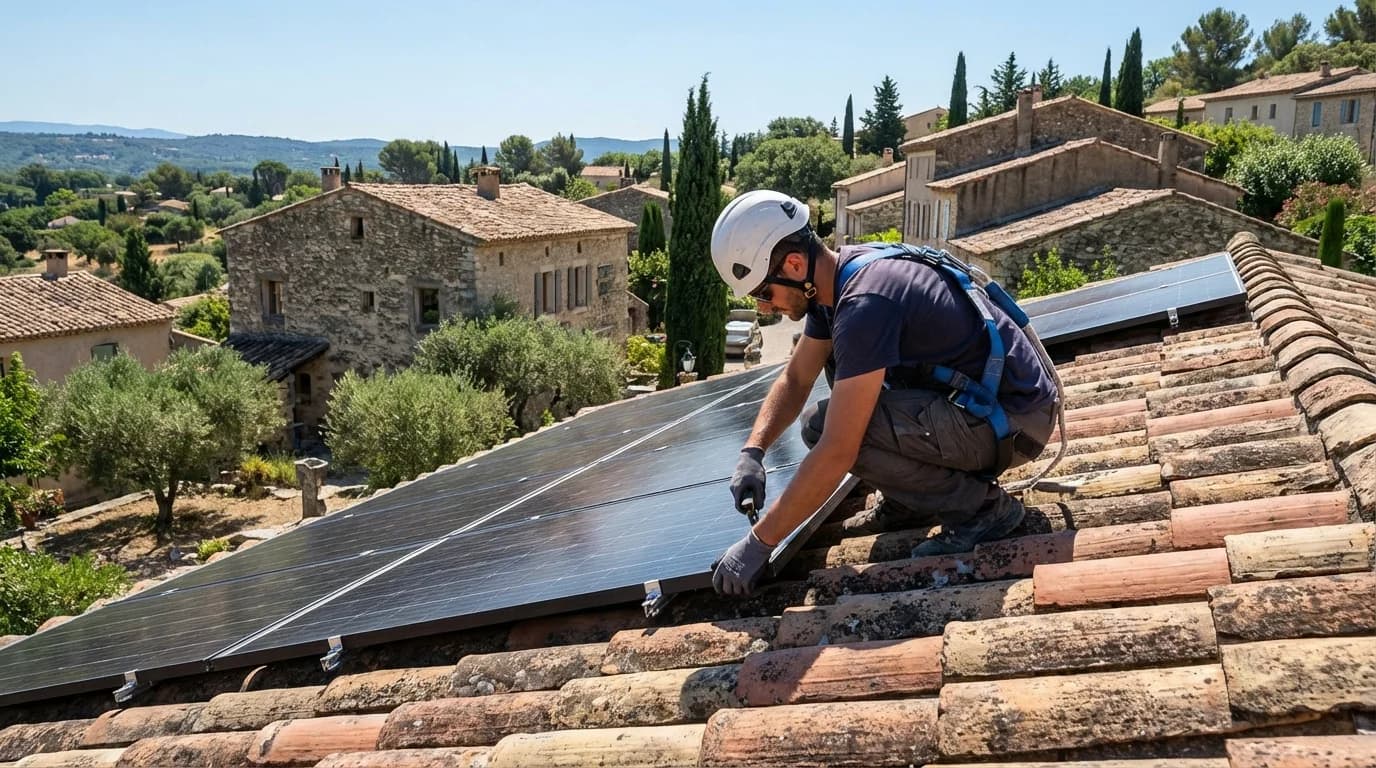 Technicien installant des panneaux solaires sur un toit à Miramas