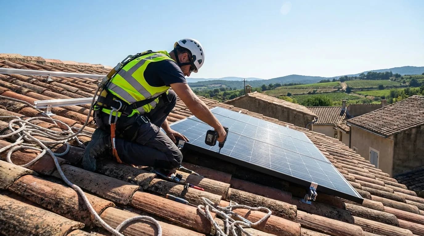 Technicien installant des panneaux solaires sur un toit à Montpellier