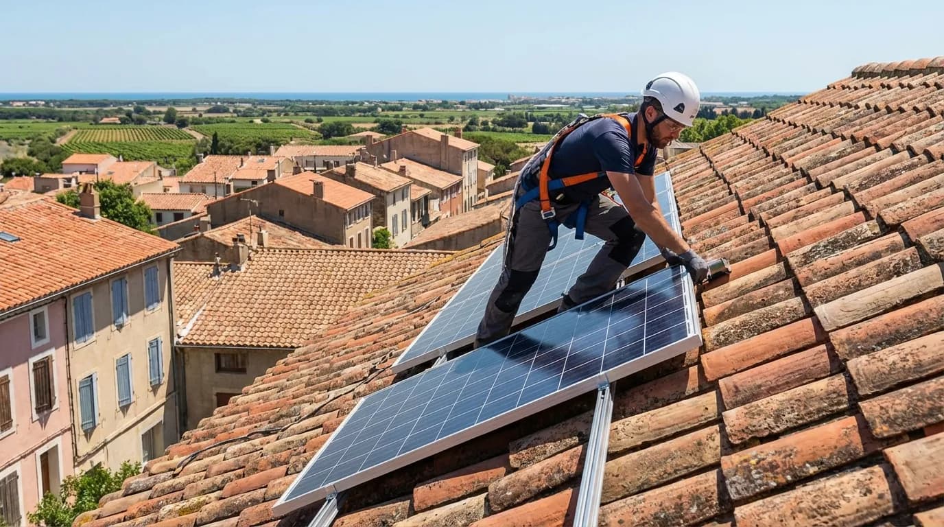 Technicien installant des panneaux solaires sur un toit à Narbonne