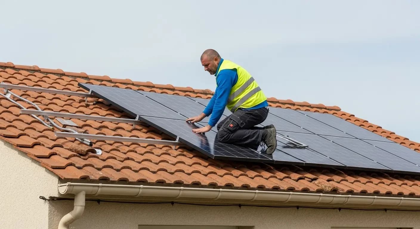 Technicien installant des panneaux solaires sur un toit à Nice
