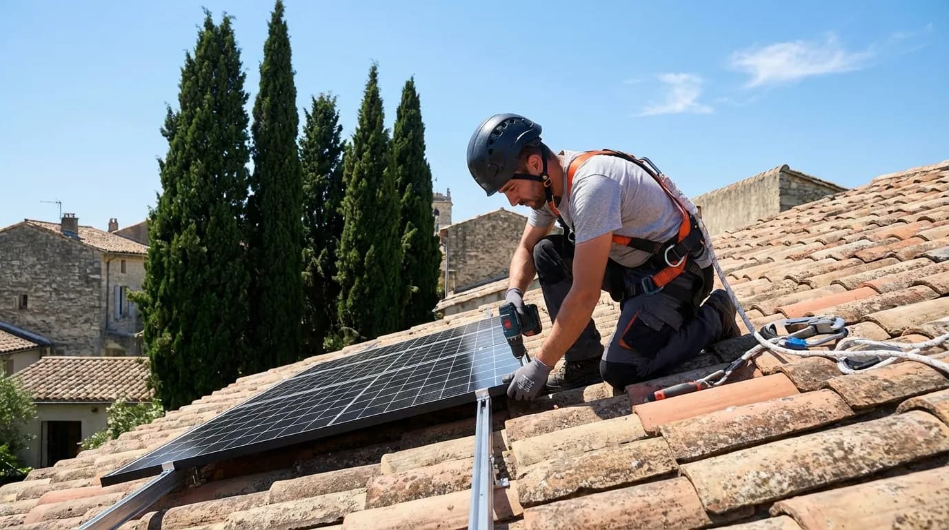 Technicien installant des panneaux solaires sur un toit à Nîmes