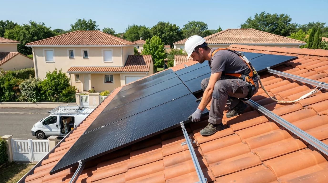 Technicien installant des panneaux solaires sur un toit à Niort