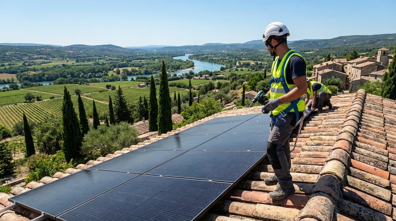 Technicien installant des panneaux solaires sur un toit à Orange