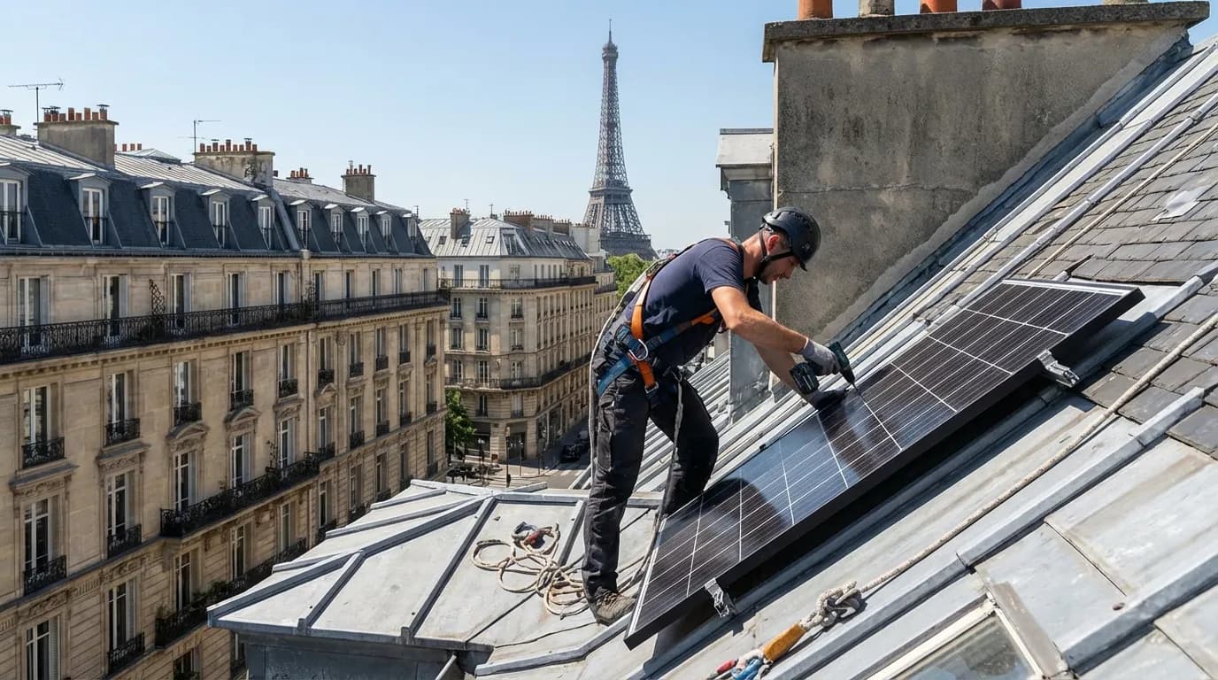 Technicien installant des panneaux solaires sur un toit en zinc à Paris