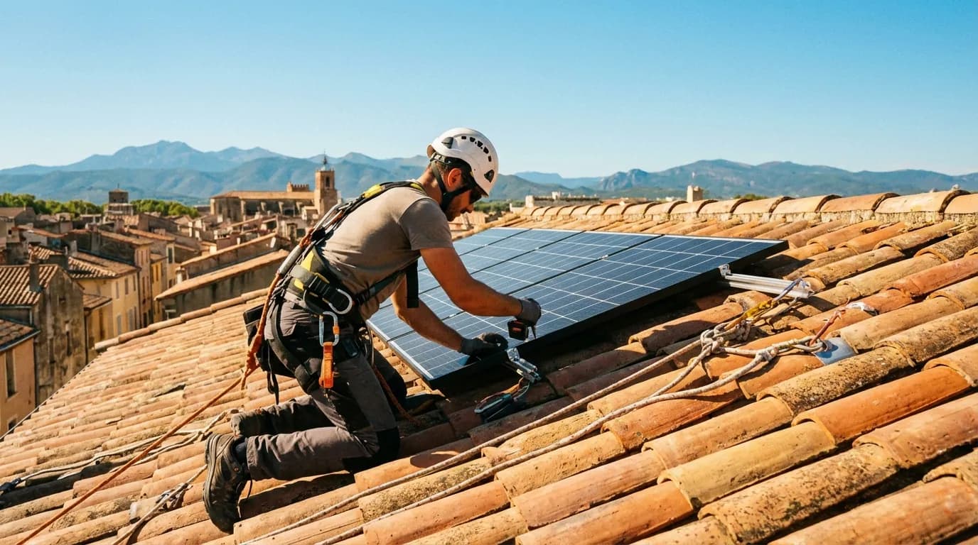 Technicien installant des panneaux solaires sur un toit à Perpignan