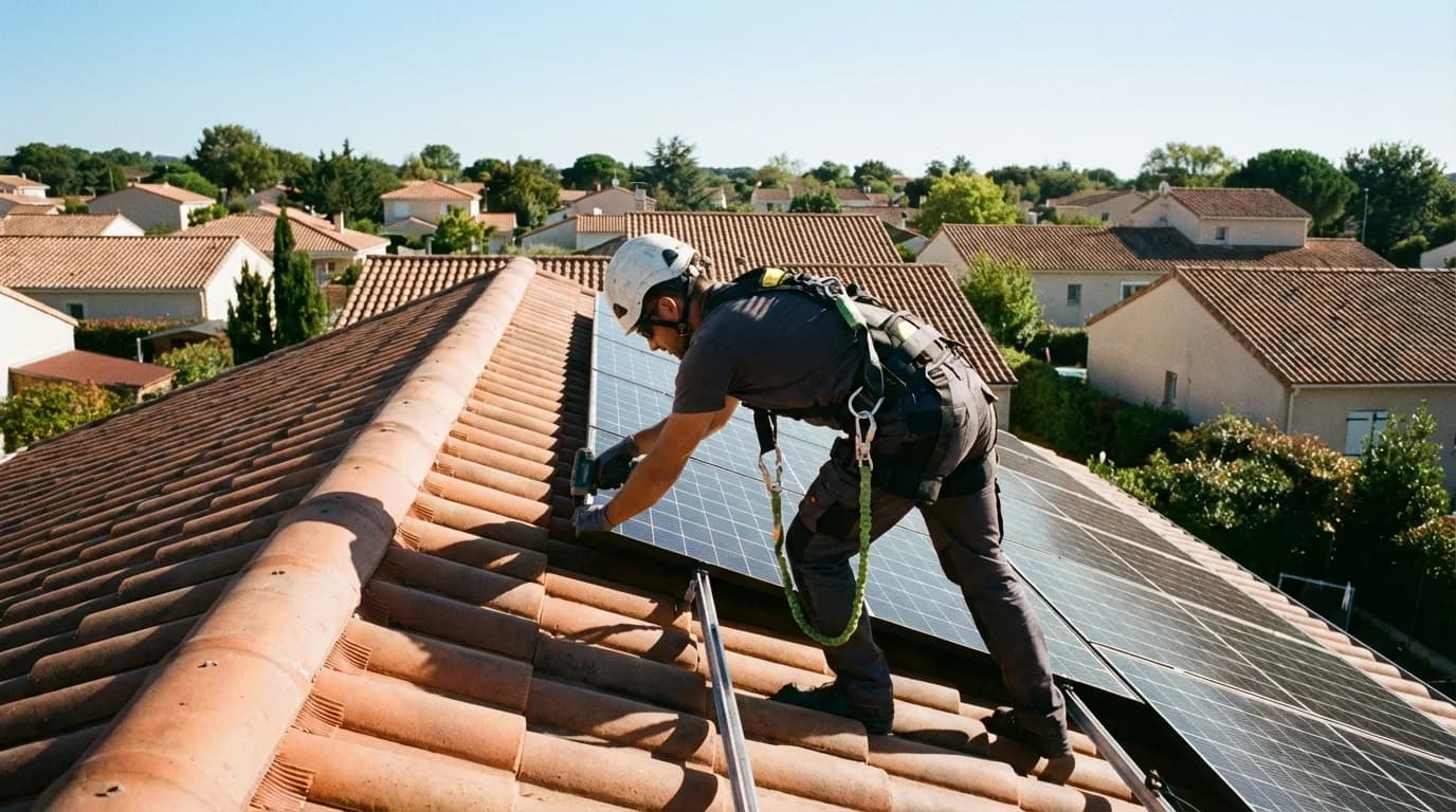 Technicien installant des panneaux solaires sur un toit à Poitiers