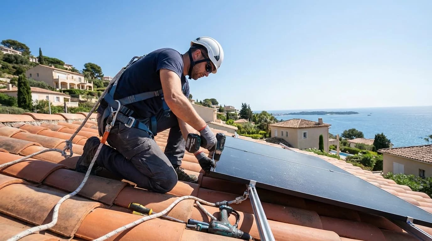 Technicien installant des panneaux solaires sur un toit à Saint-Laurent-du-Var