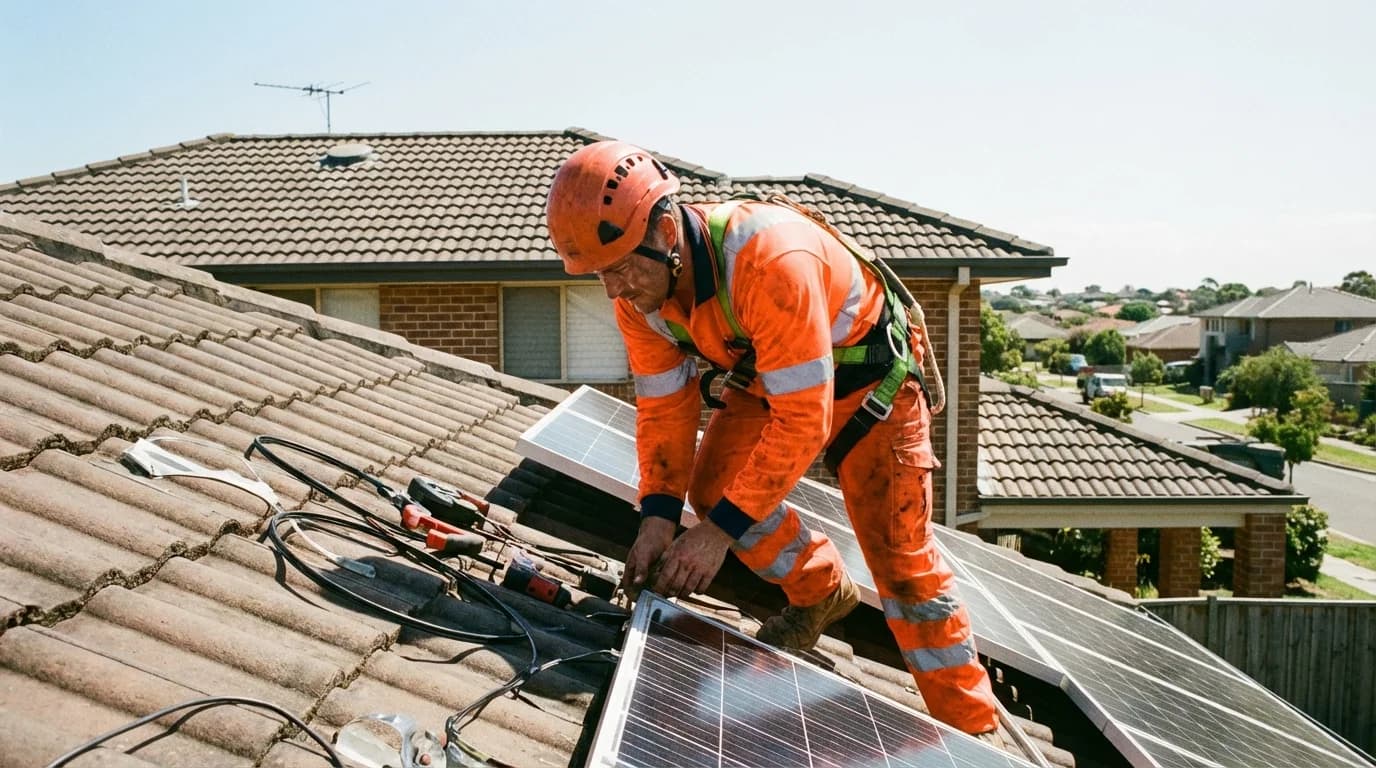 Technicien installant des panneaux solaires sur un toit à Saint-Médard-en-Jalles