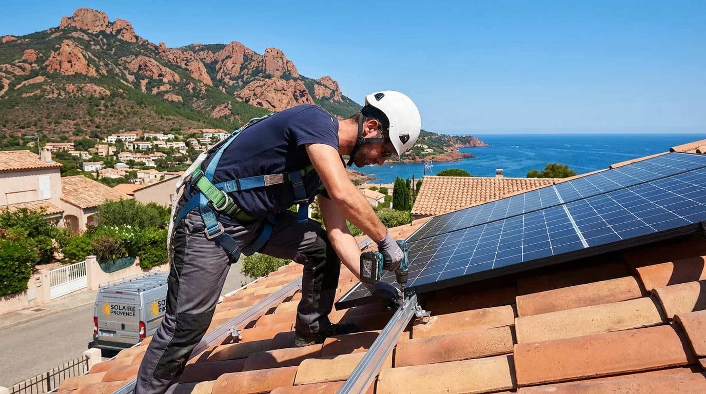 Technicien installant des panneaux solaires sur un toit à Saint-Raphaël