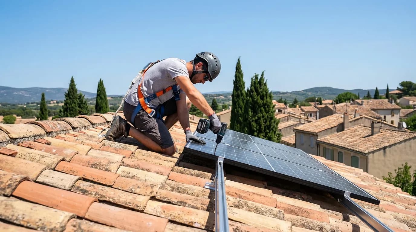 Technicien installant des panneaux solaires sur un toit à Salon-de-Provence