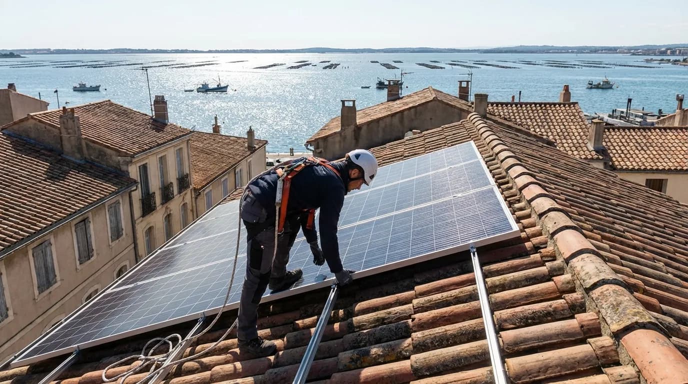 Technicien installant des panneaux solaires sur un toit en tuiles à Sète