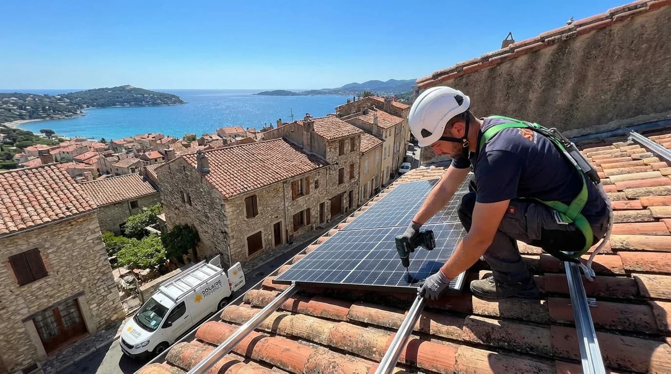 Technicien installant des panneaux solaires sur un toit à Six-Fours-les-Plages