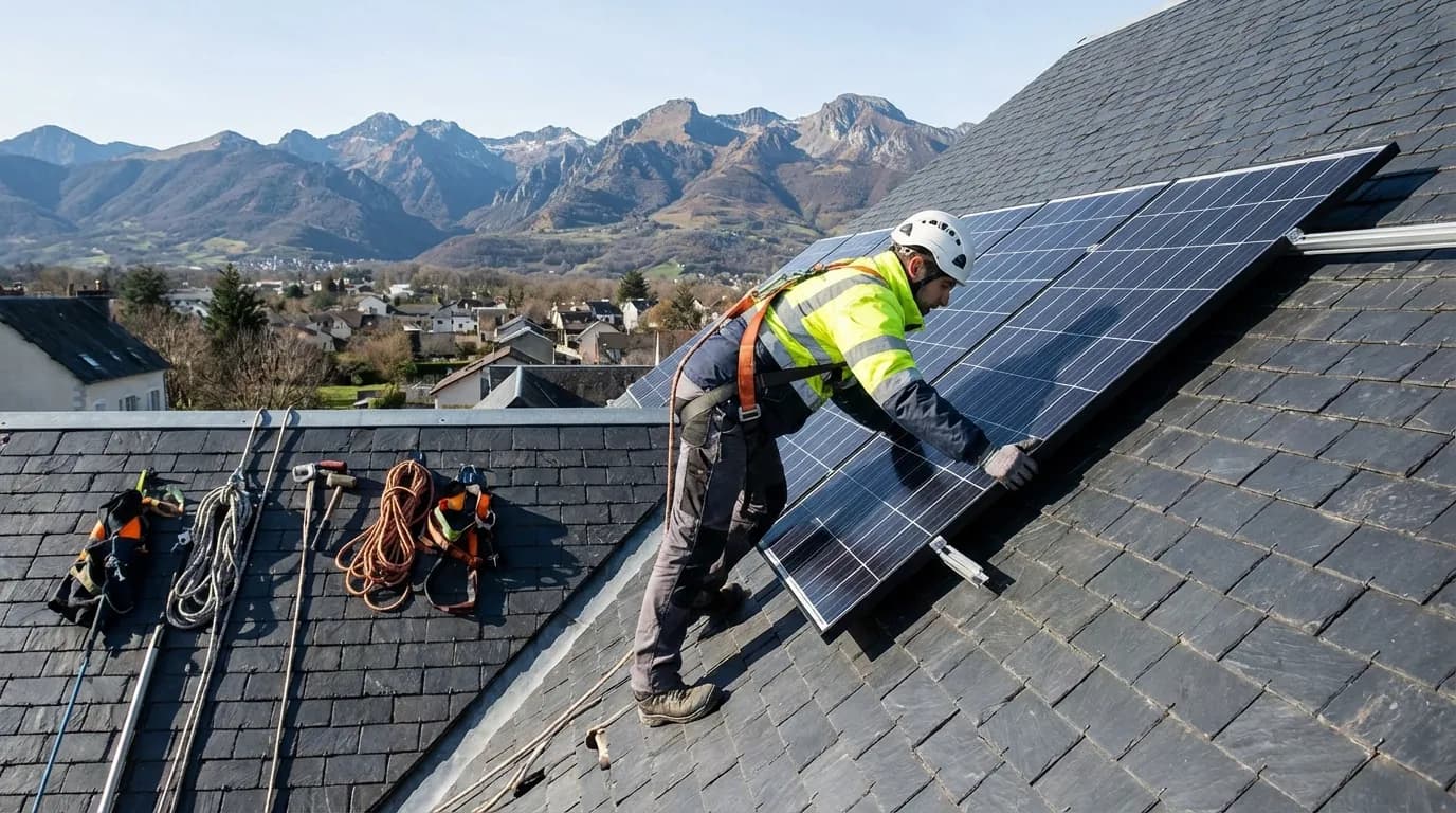 Technicien installant des panneaux solaires sur un toit à Tarbes