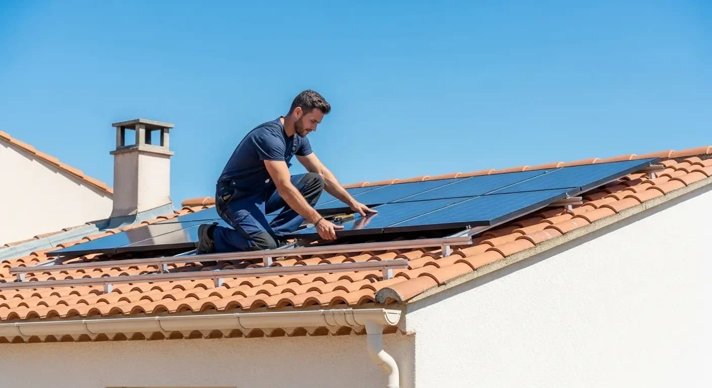 Technicien installant des panneaux solaires sur un toit à Toulon