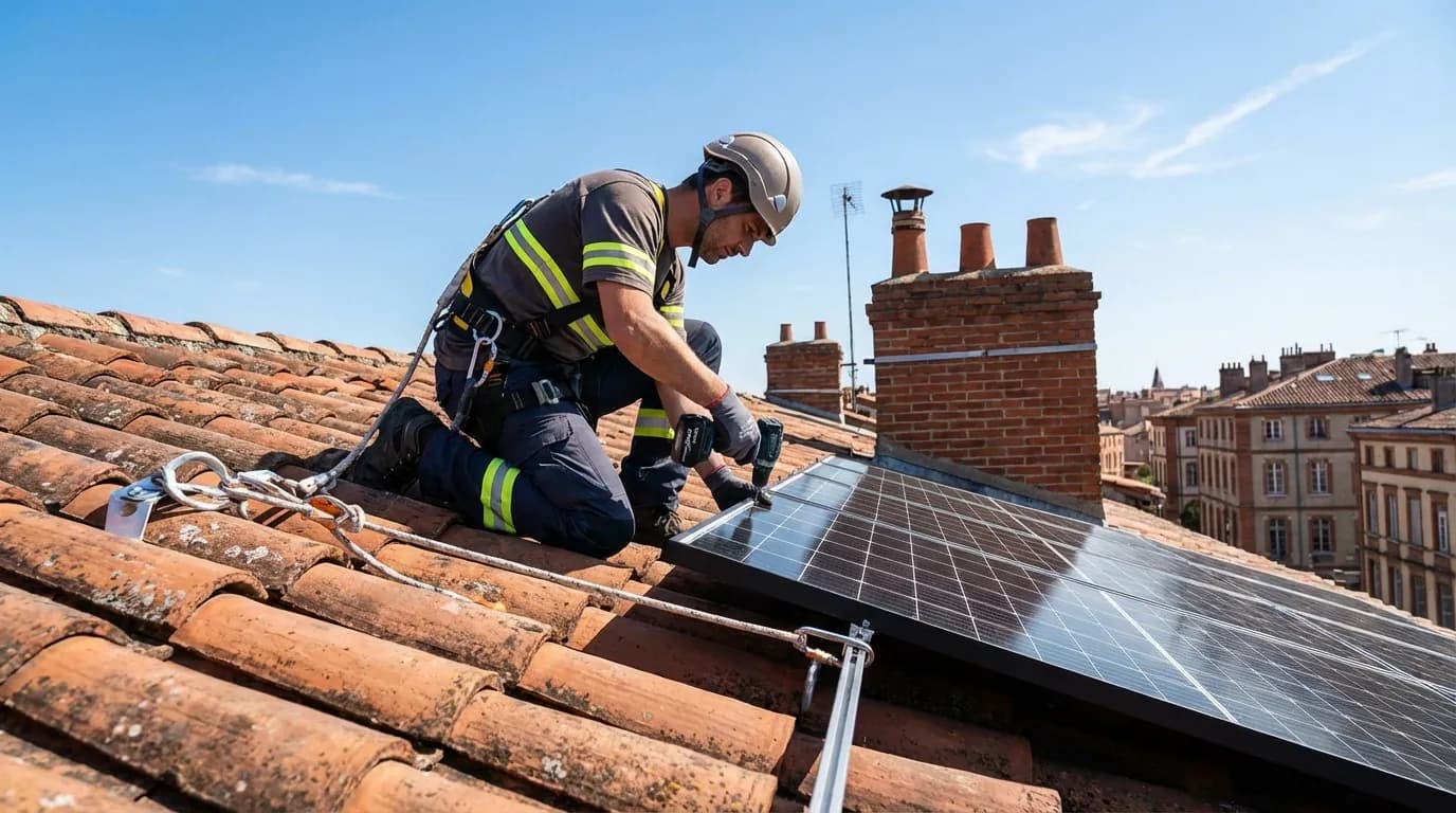 Technicien installant des panneaux solaires sur un toit à Toulouse