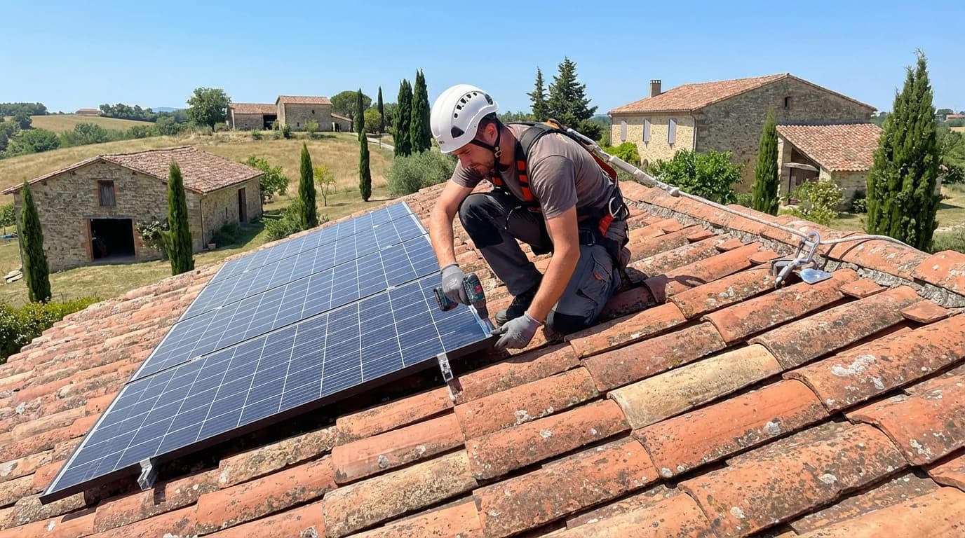 Technicien installant des panneaux solaires sur un toit à Tournefeuille