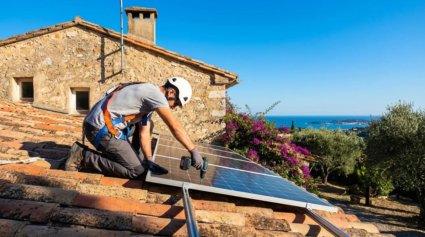 Technicien installant des panneaux solaires sur un toit à Vallauris