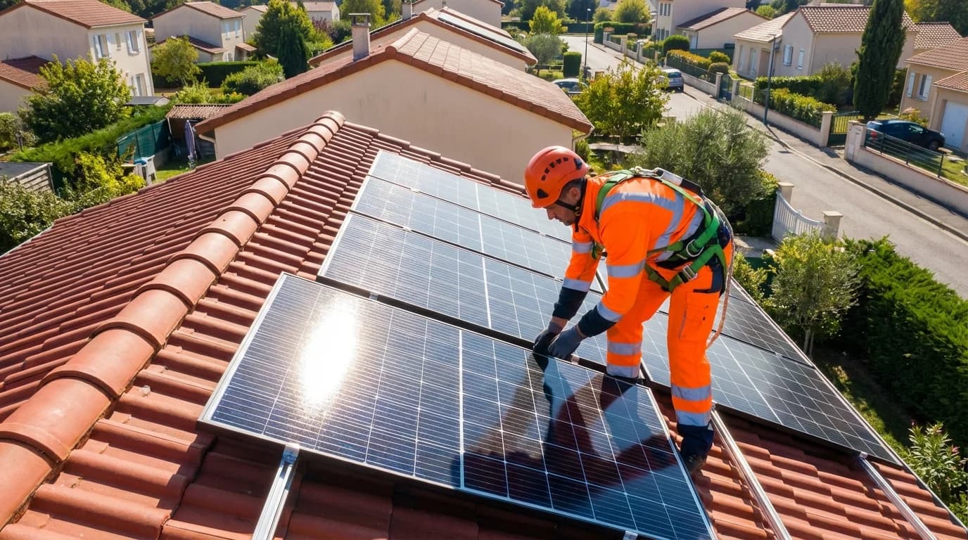 Technicien installant des panneaux solaires sur un toit à Villenave-d'Ornon