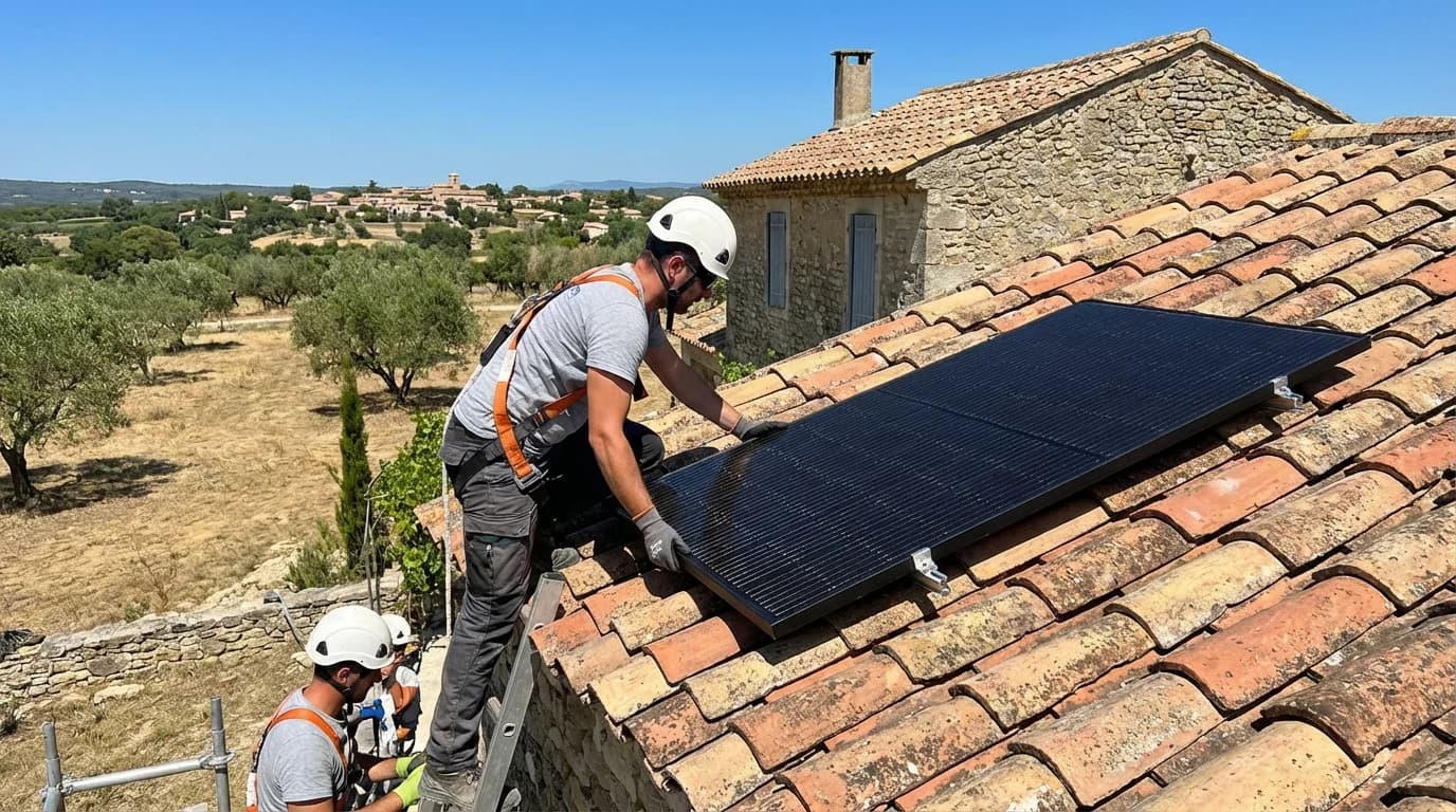 Technicien installant des panneaux solaires sur un toit à Vitrolles