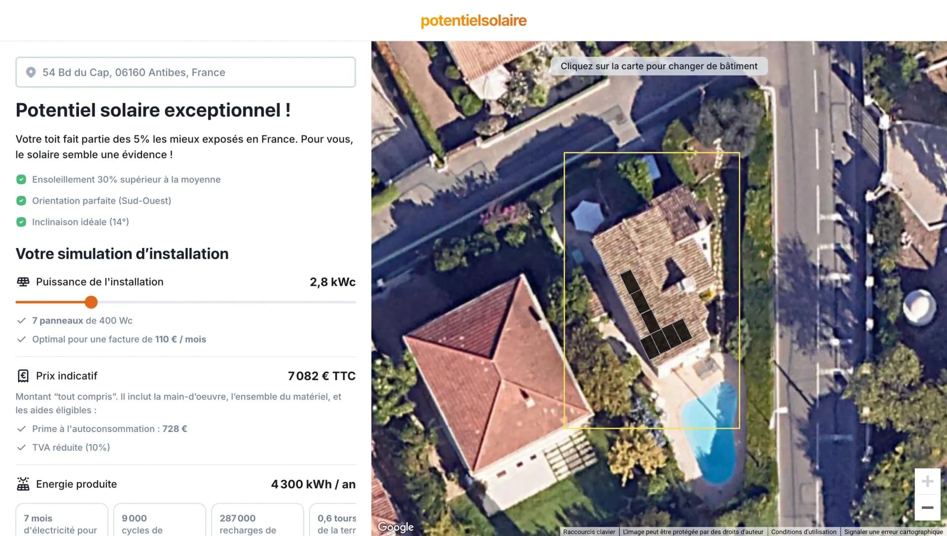 Interface du convertisseur kWc en kWh Potentielsolaire, montrant les options de localisation et de personnalisation pour une estimation de production solaire.