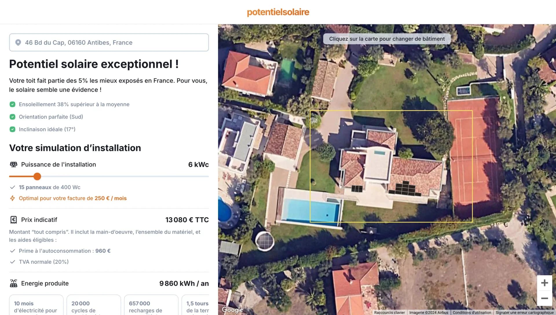 Interface utilisateur de Potentielsolaire montrant les résultats d’une simulation d’ensoleillement