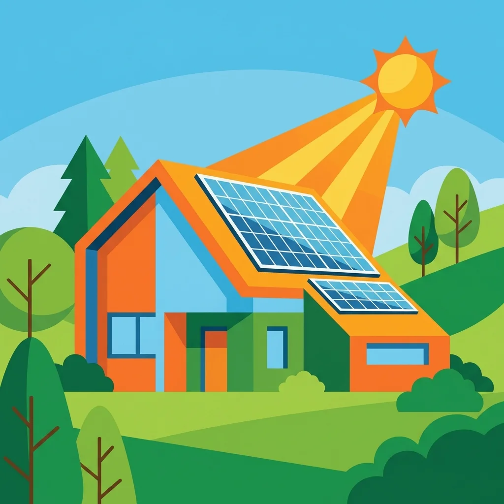 Maison familiale avec panneaux solaires sur le toit, illustration flat design colorée