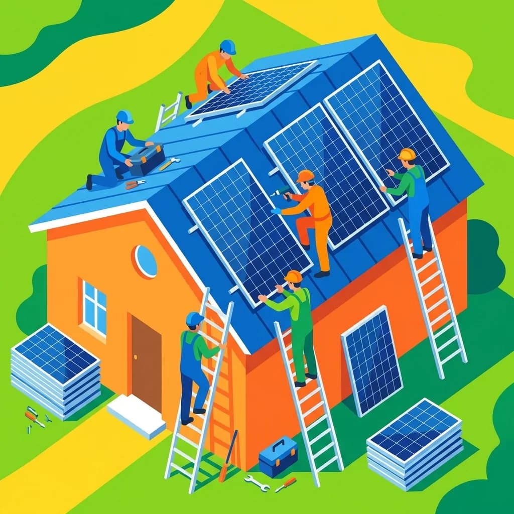Illustration flat design de techniciens installant des panneaux solaires sur un toit