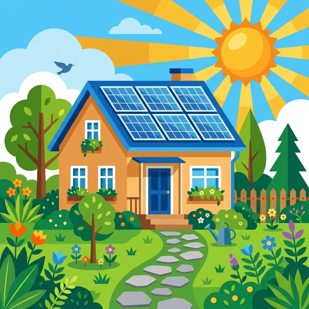 Maison avec panneaux solaires sur le toit, illustration flat design colorée