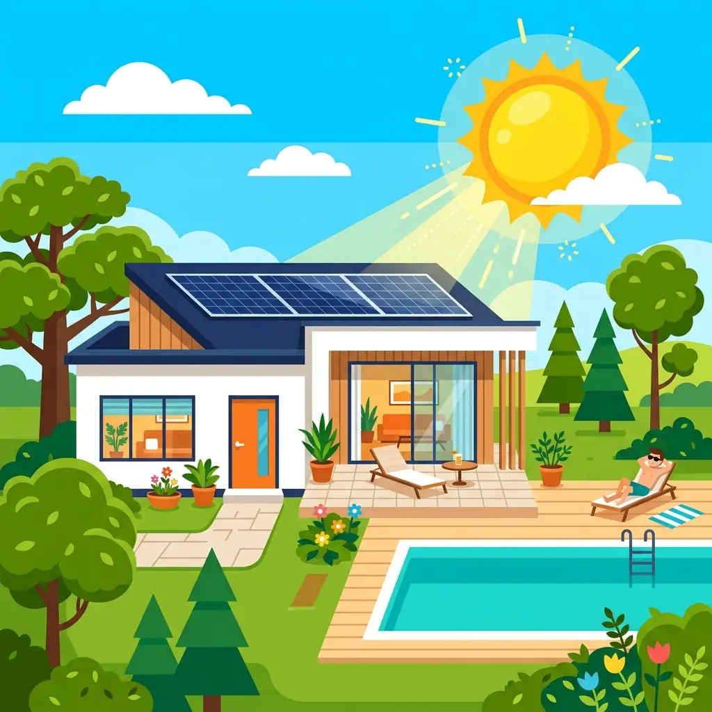 Maison équipée de panneaux solaires sous un grand soleil d'été, illustration flat design