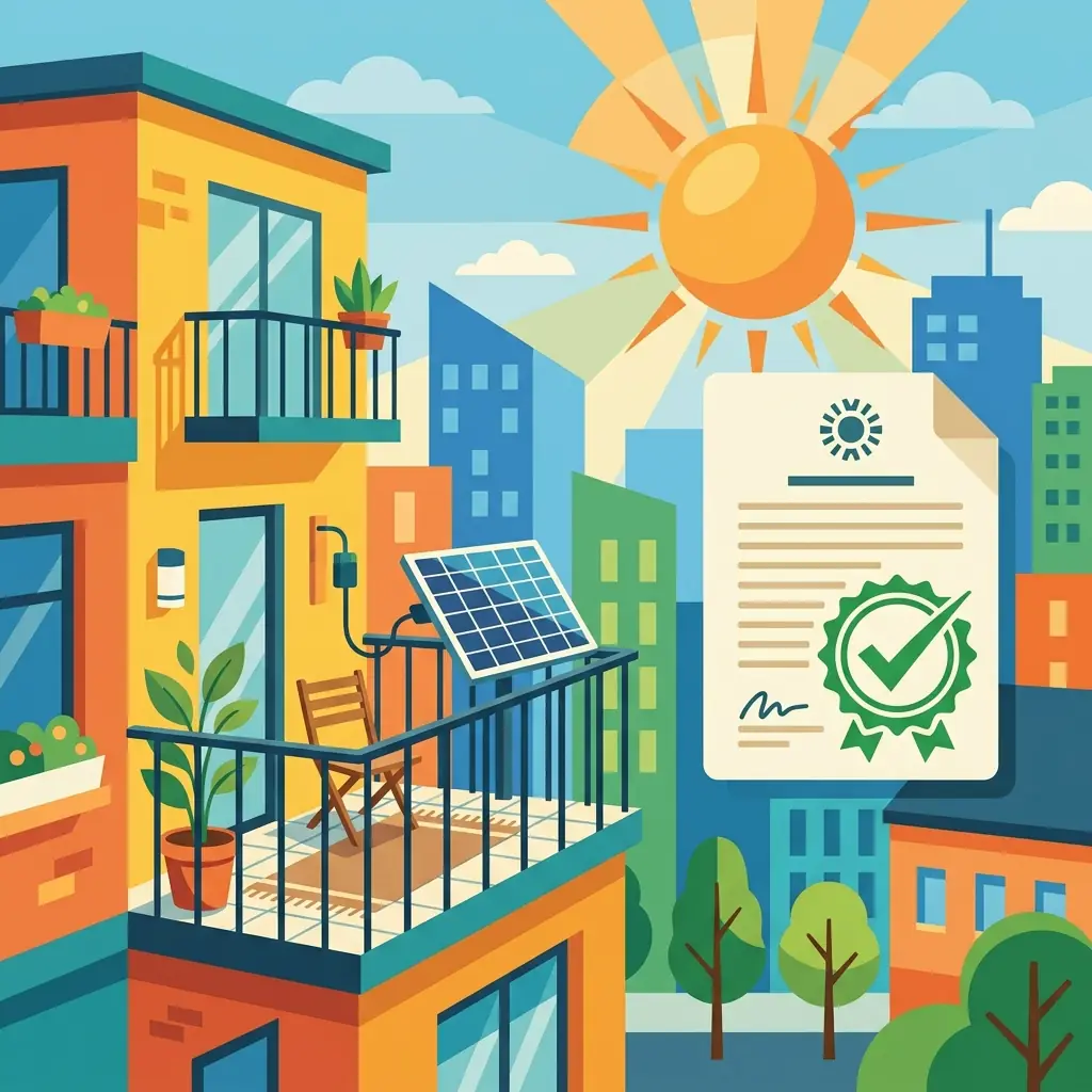 Kit solaire plug and play installé sur le balcon d'un immeuble, avec les démarches réglementaires symbolisées