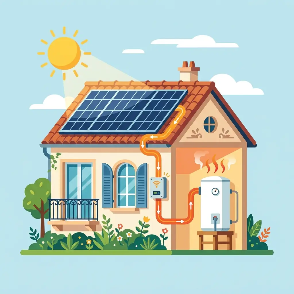 Illustration d'une maison avec panneaux solaires dont le surplus alimente le ballon d'eau chaude via un routeur solaire