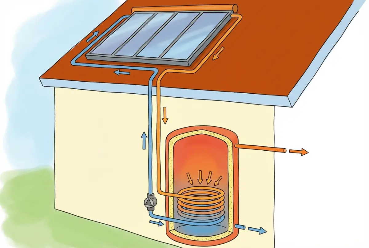 Schéma de fonctionnement d'un système solaire thermique avec capteurs et ballon
