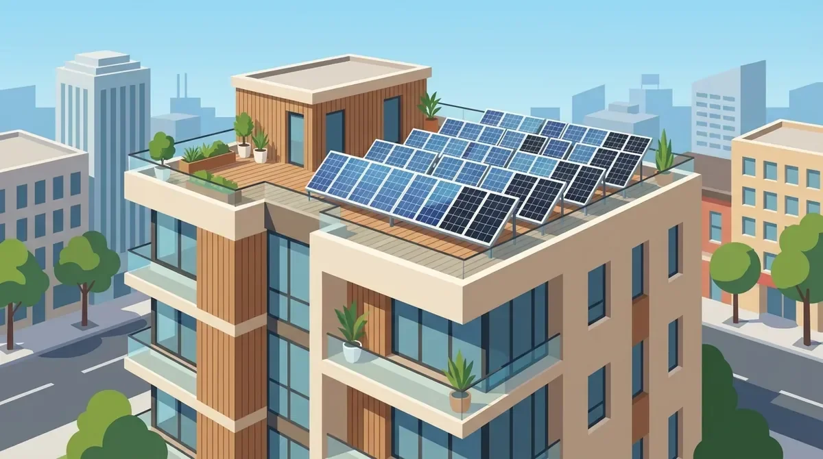 Immeuble résidentiel avec panneaux solaires sur le toit-terrasse