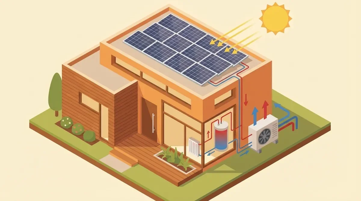 Maison équipée de panneaux solaires et d'une pompe à chaleur illustrant la synergie énergétique