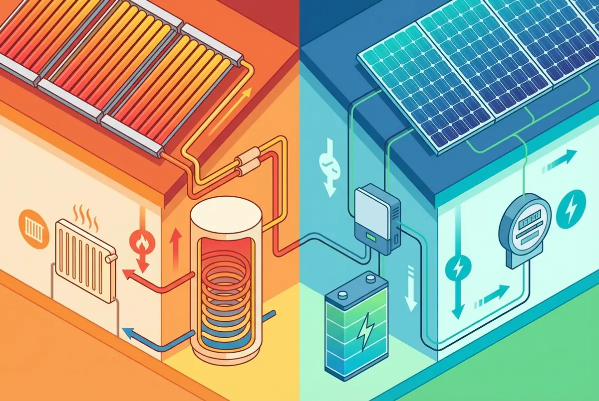 Schéma comparatif entre solaire thermique et photovoltaïque