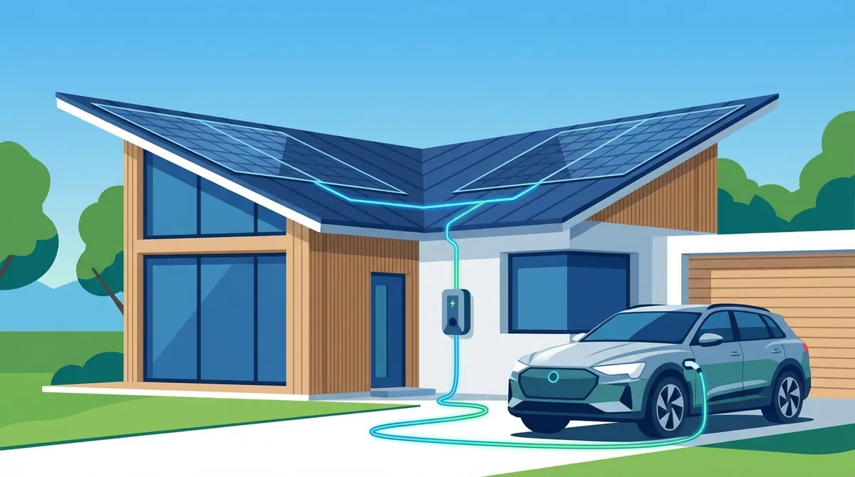 Voiture électrique en charge avec des panneaux solaires sur le toit de la maison