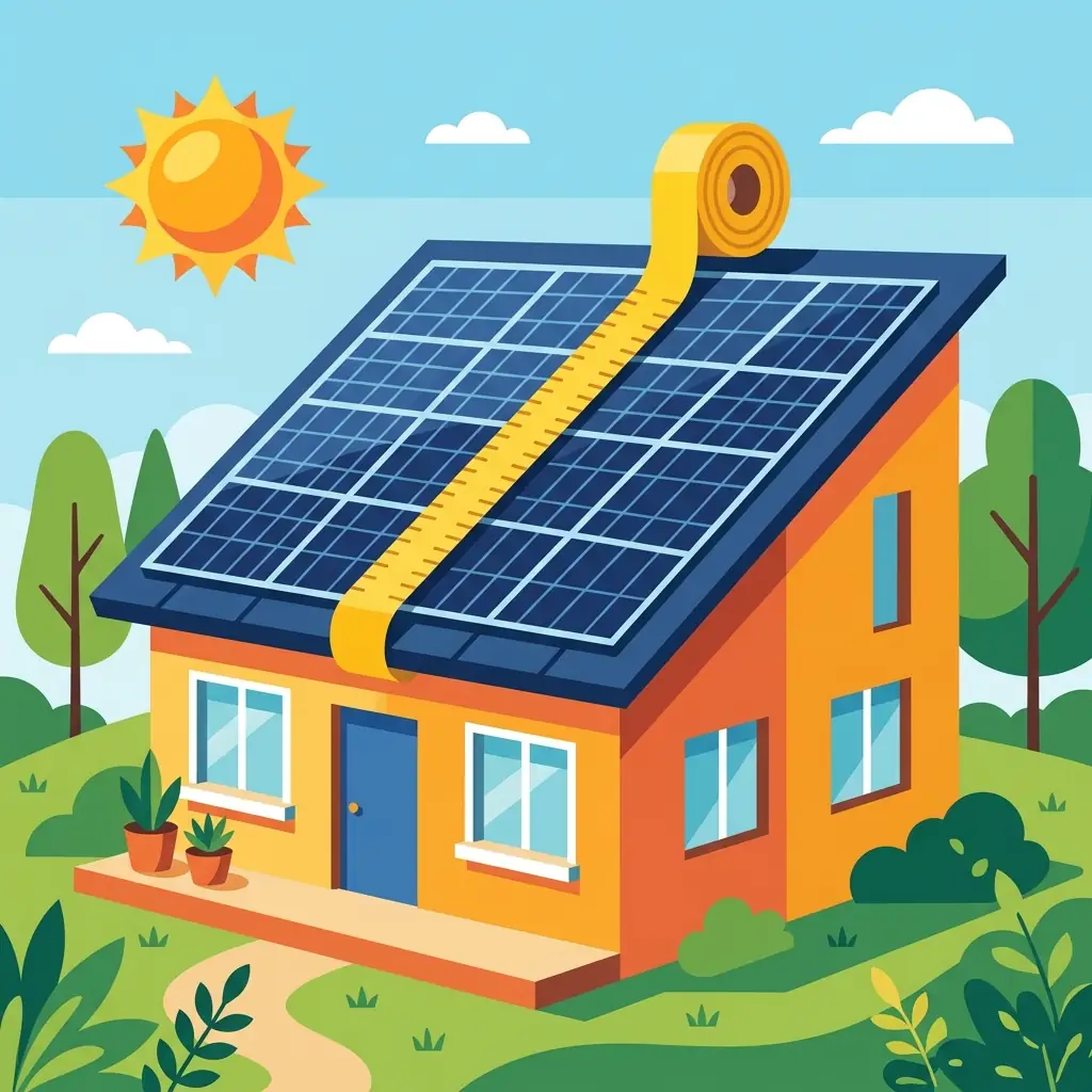 Illustration d'un toit de maison avec panneaux solaires et mètre ruban symbolisant la surface de toiture nécessaire