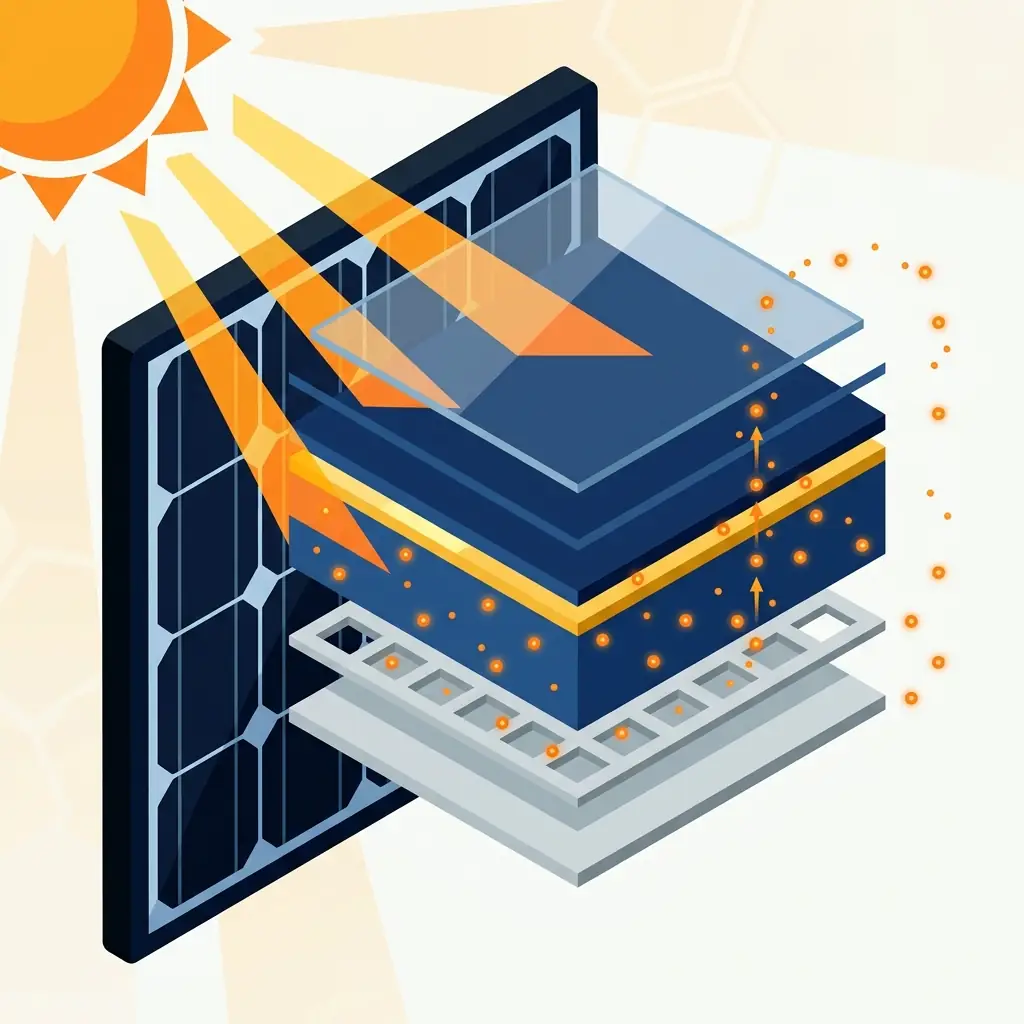 Illustration en flat design d'une cellule de panneau solaire TOPCon de type N avec ses couches colorées