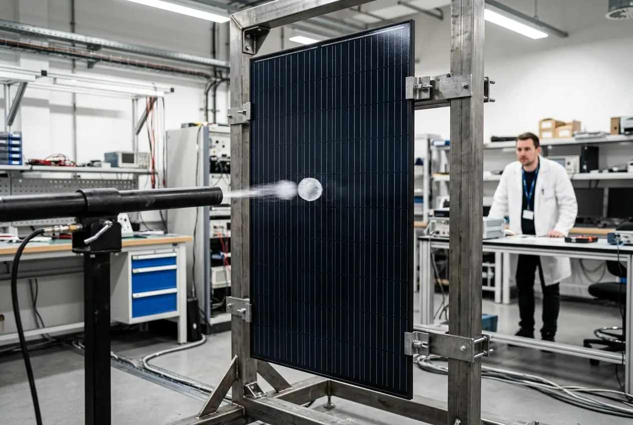 Bille de glace projetée sur un panneau solaire lors d'un test de résistance en laboratoire
