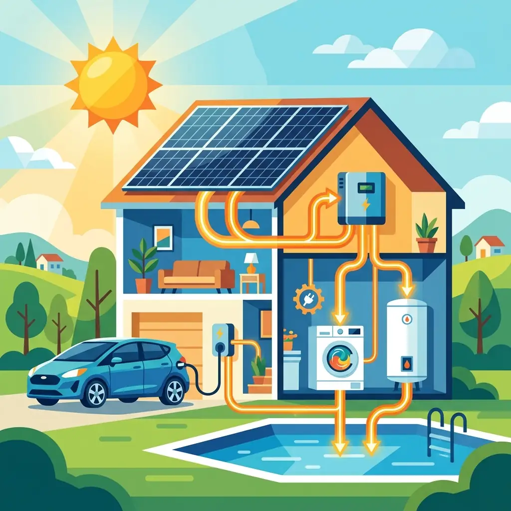 Illustration d'une maison distribuant son électricité solaire vers l'électroménager, le chauffe-eau, la voiture électrique et la piscine