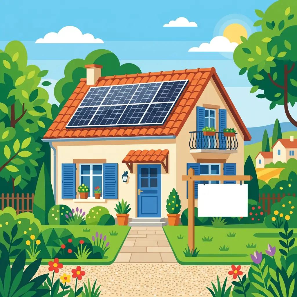 Illustration colorée d'une maison avec panneaux solaires et un panneau de vente immobilière